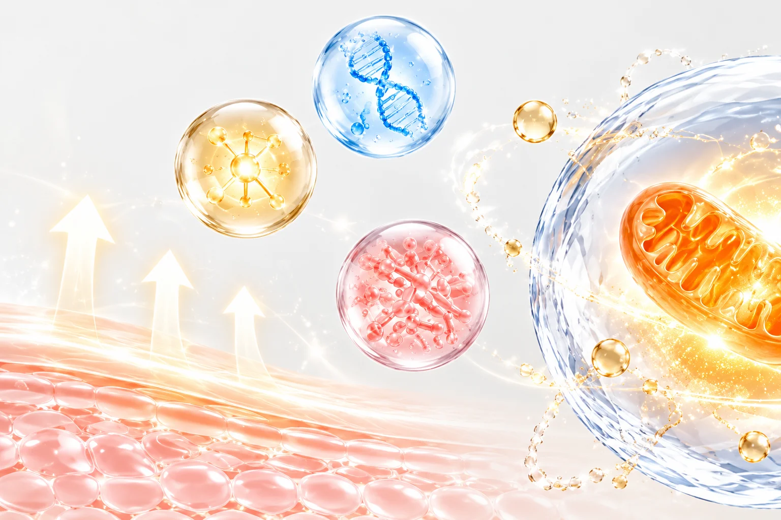 Illustration of cellular and molecular structures, showing DNA, mitochondria, and energy molecules with light effects.